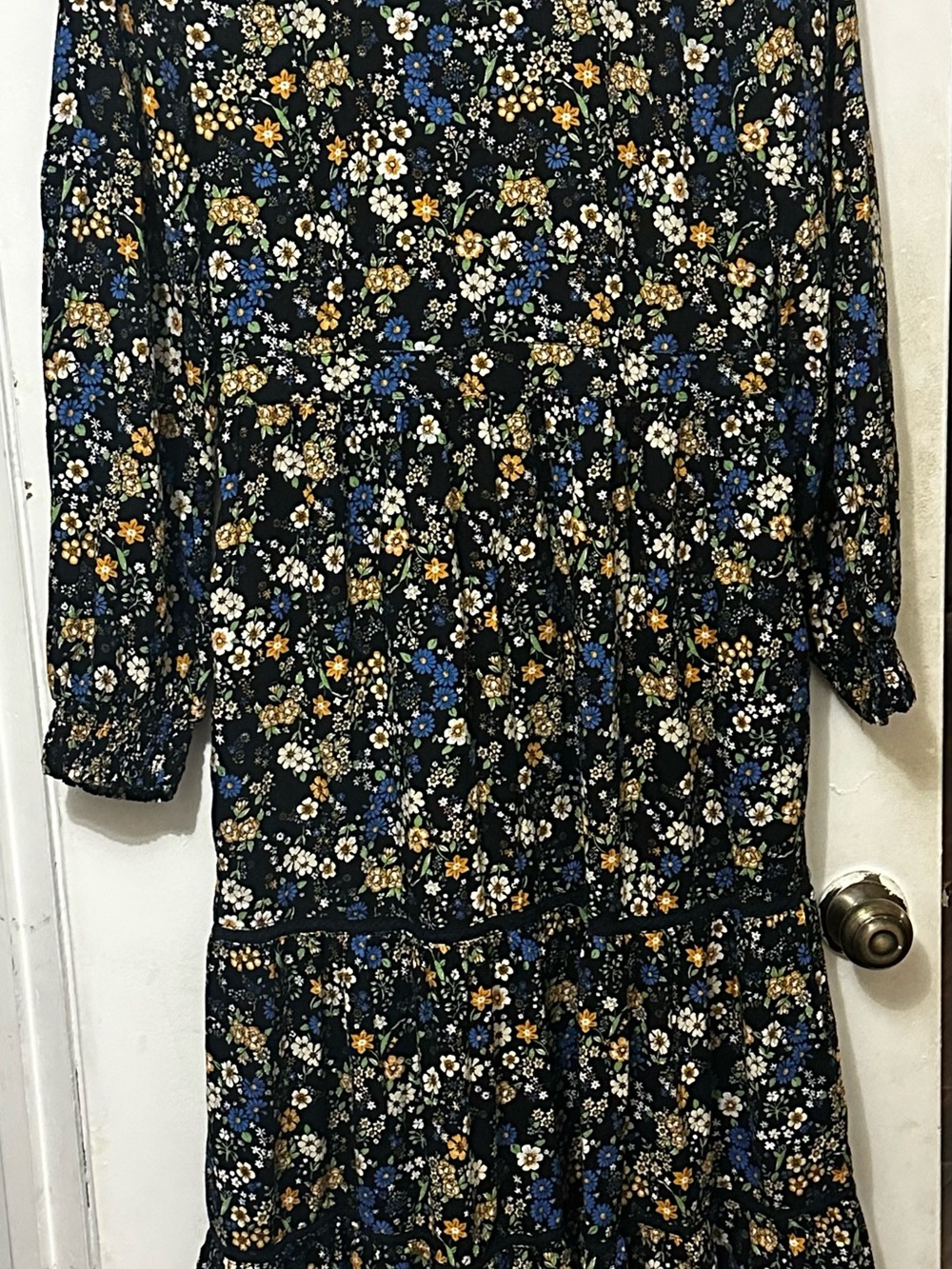 Superdry Black Floral Long-Sleeve Tiered Midi Dress with Blue & Yellow Flowers